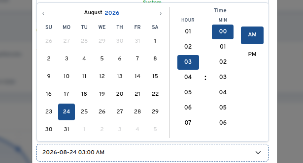 Date and time picker — combined calendar + time dropdown